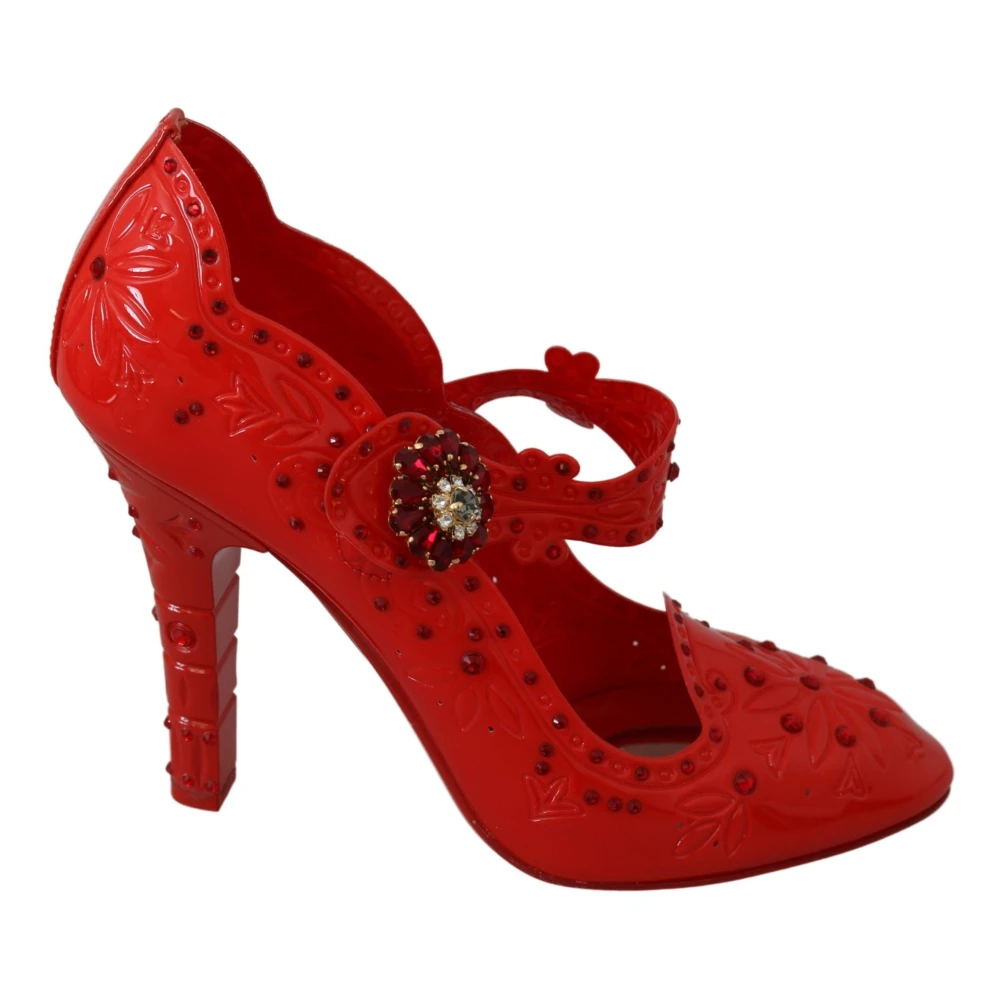 Dolce & Gabbana Röda Blommiga Kristall Cinderella Högklackade Skor Red, Dam