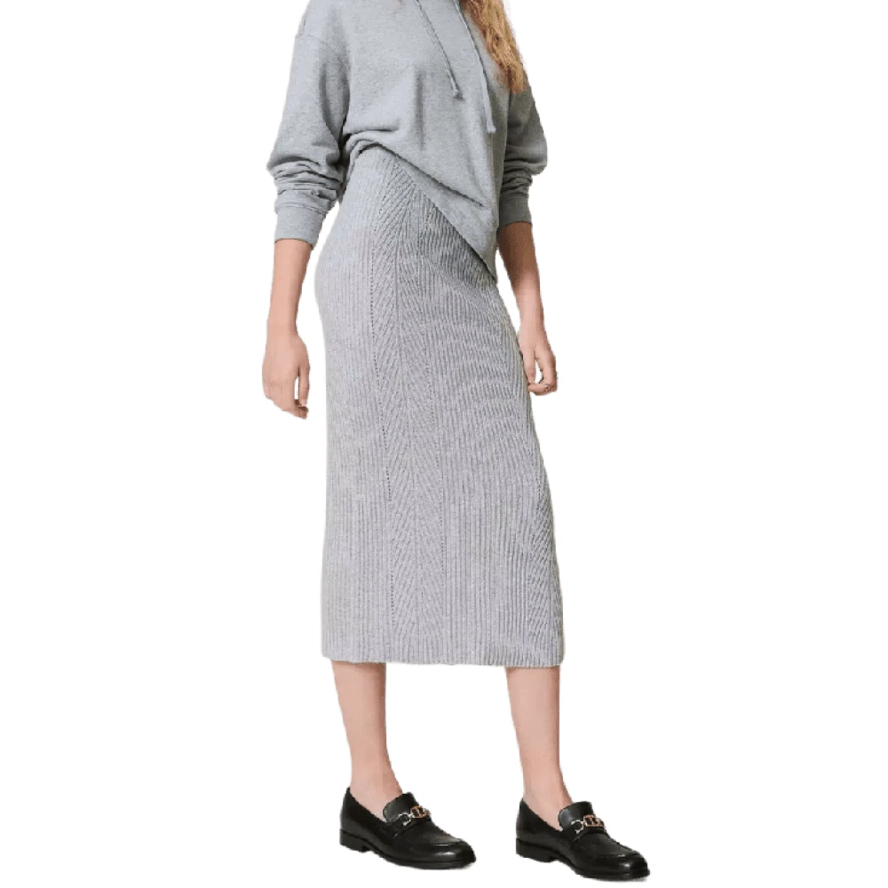 Twinset Geribbelde Wollen Lurex Midi Rok Gray Dames