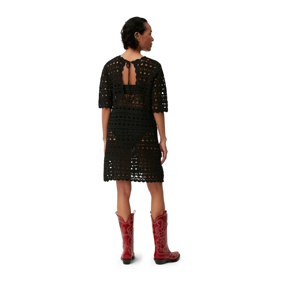 Ganni Gehaakte Mini Jurk met Open Rug Black Dames