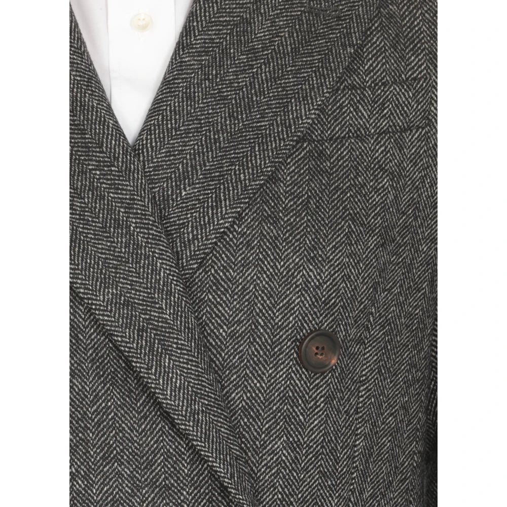 BRUNELLO CUCINELLI Grijze Wol Dubbel-Borst Jas Herringbone Gray Dames