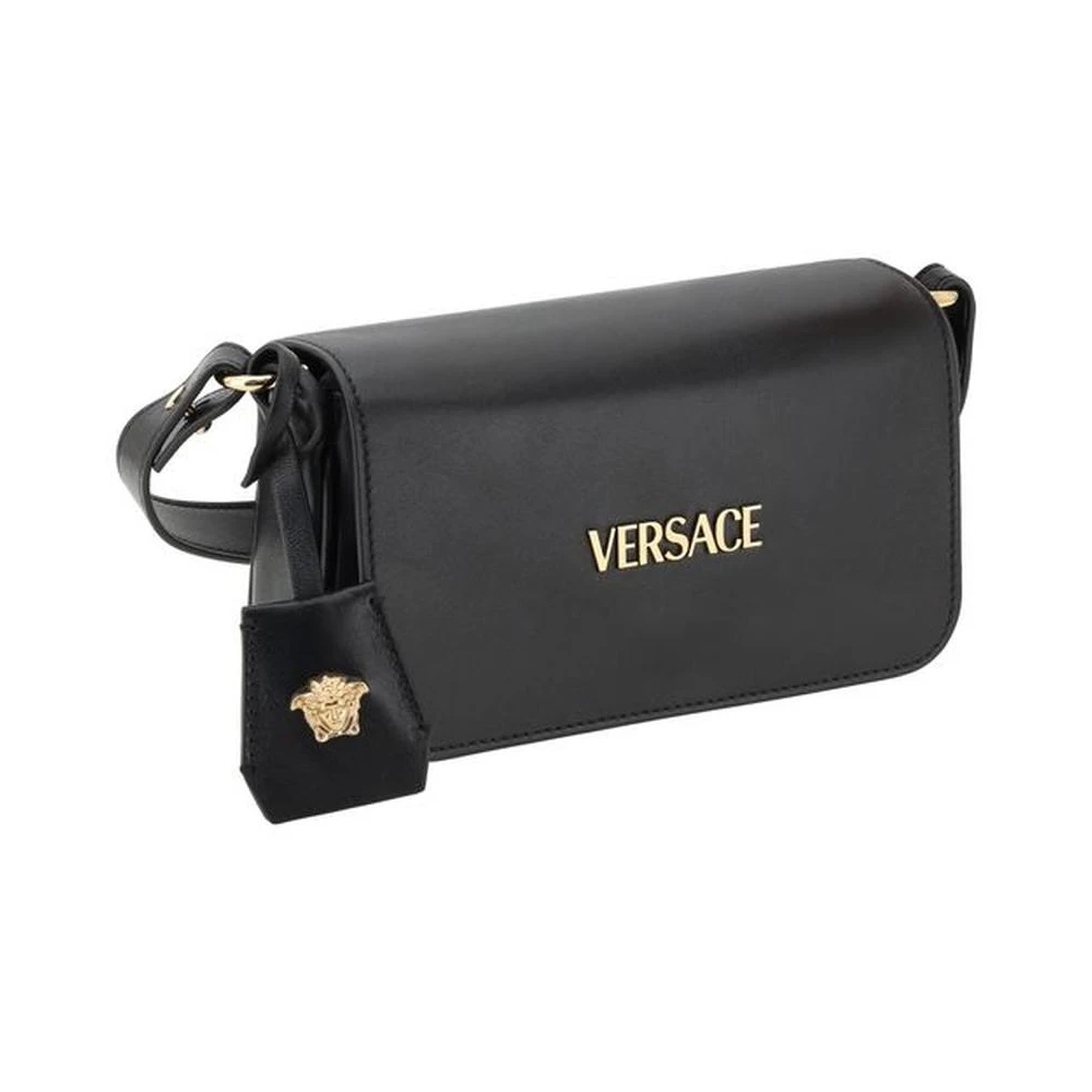 Versace Stijlvolle Leren Schoudertas Magnetische Flap Black Dames