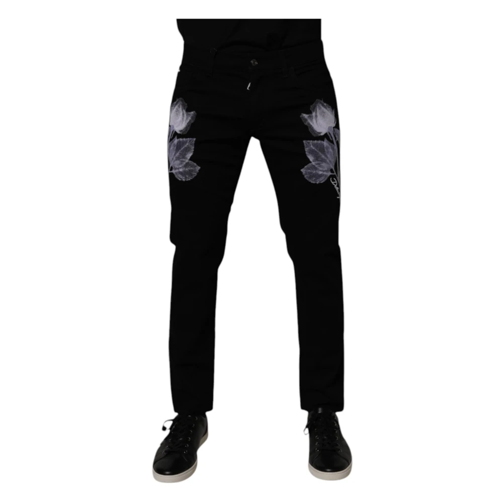 Dolce & Gabbana Men's Black Floral Skinny Denim Jeans