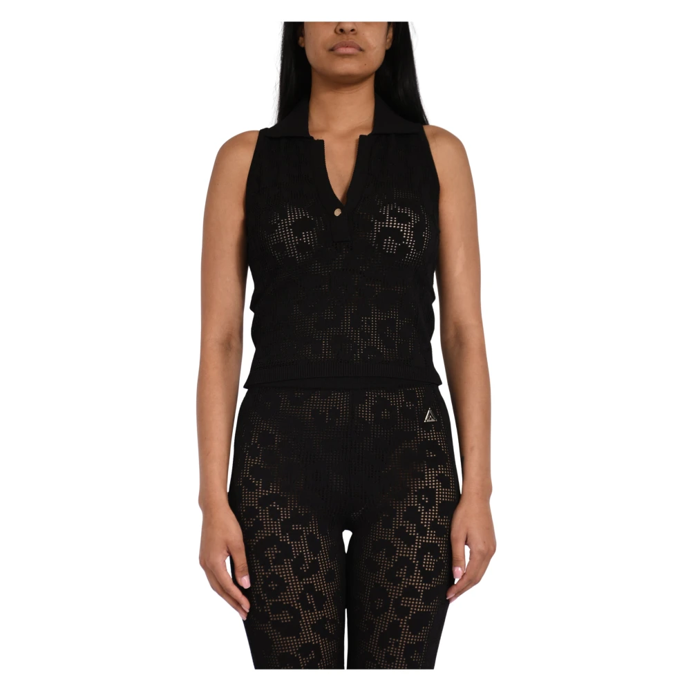 Akep Women's Black Polo Shirts, Xs, Openwork Knit Polo Shirt