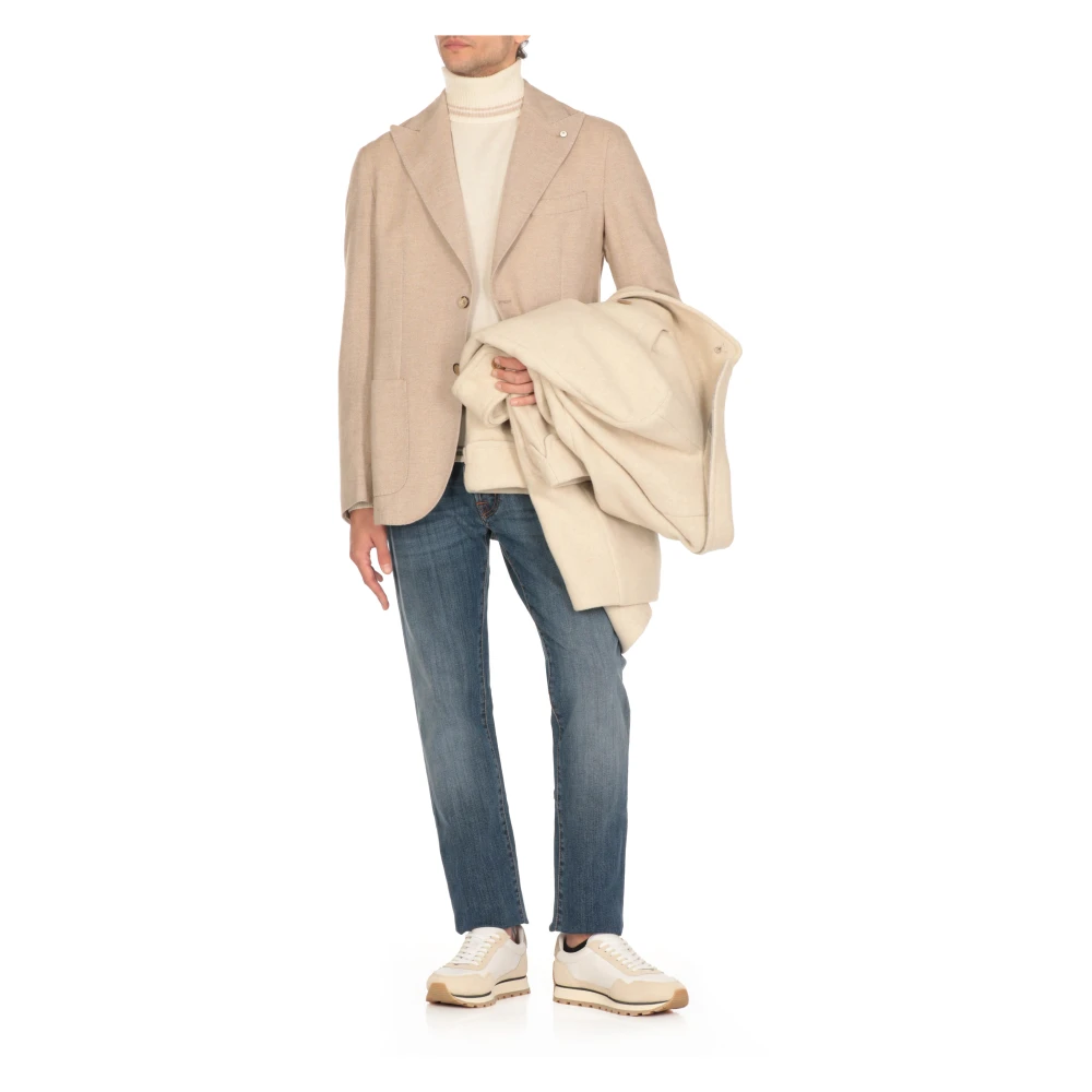 Lubiam Beige Katoenen Jas met Herringbone Patroon Beige Heren