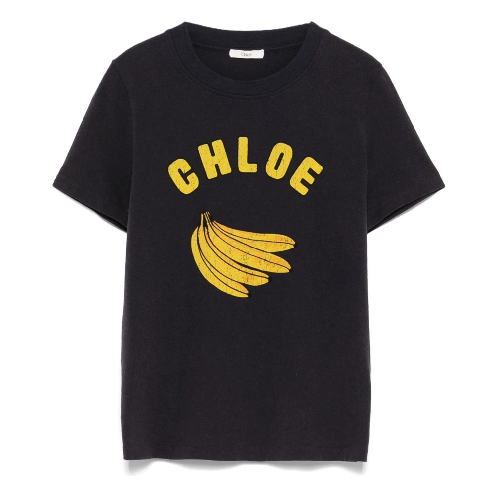Chloé Blauw Crewneck T-shirt met Logo Print Blue Dames