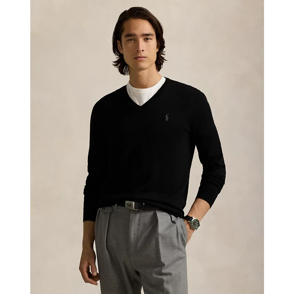 Polo Ralph Lauren Slim-Fit Wasbare Wollen V-Hals Trui Black Heren