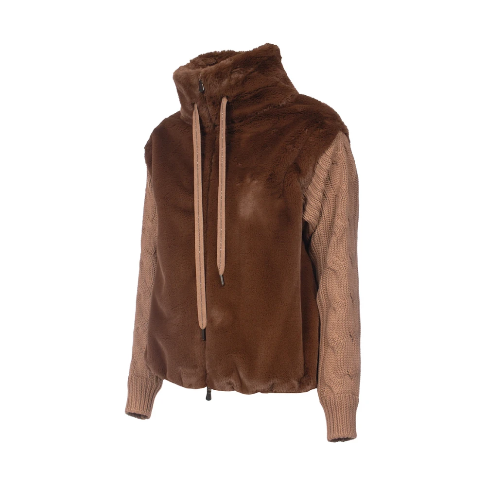 Le Tricot Perugia Ecofur Hoge Hals Jas Wol Zijde Kasjmier Brown Dames