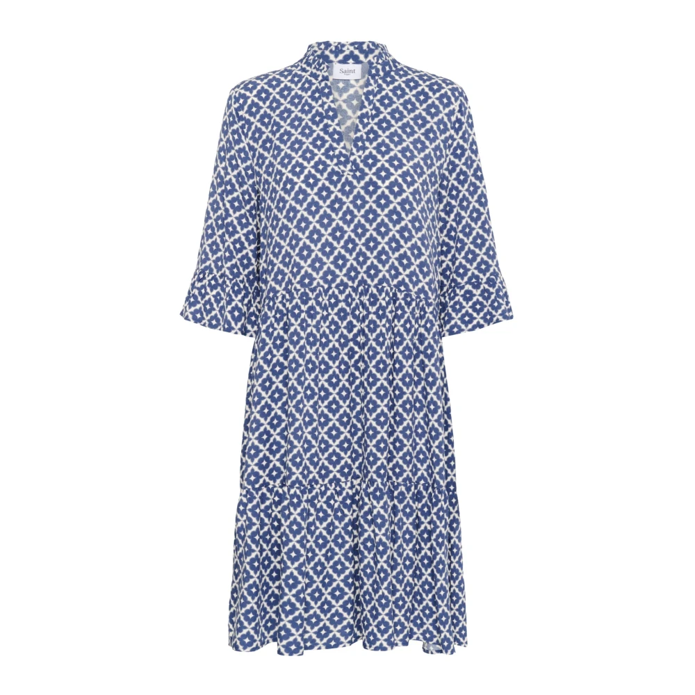 Saint Tropez Women's Blue Short Dresses, S, Indigo Maroc Tiles Dress With Flounce