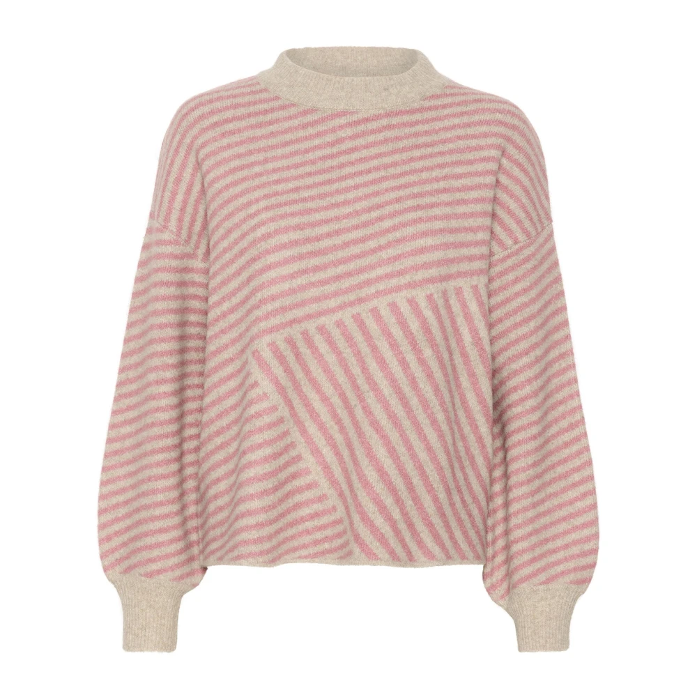 Kaffe Women's Pink Striped Knit Pullover Feather Gray/Rosa - Turtlenecks - Xl - Knitwear