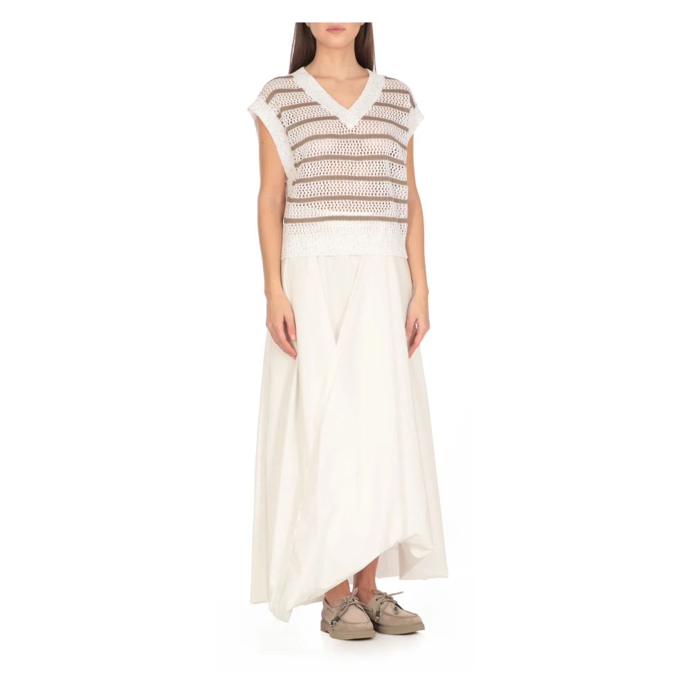 BRUNELLO CUCINELLI Paillet V-Hals Linnen Trui Ivoor Beige Dames