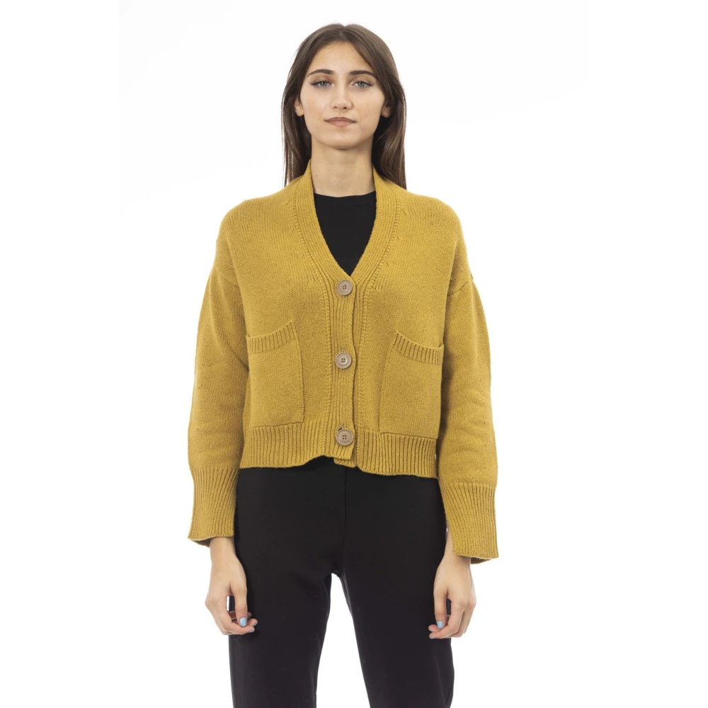 Alpha Studio Cardigan met knoopsluiting en zakken Yellow Dames