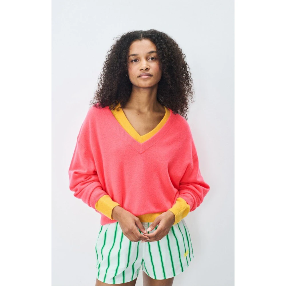 American vintage V-hals Wollen Trui Pink Dames