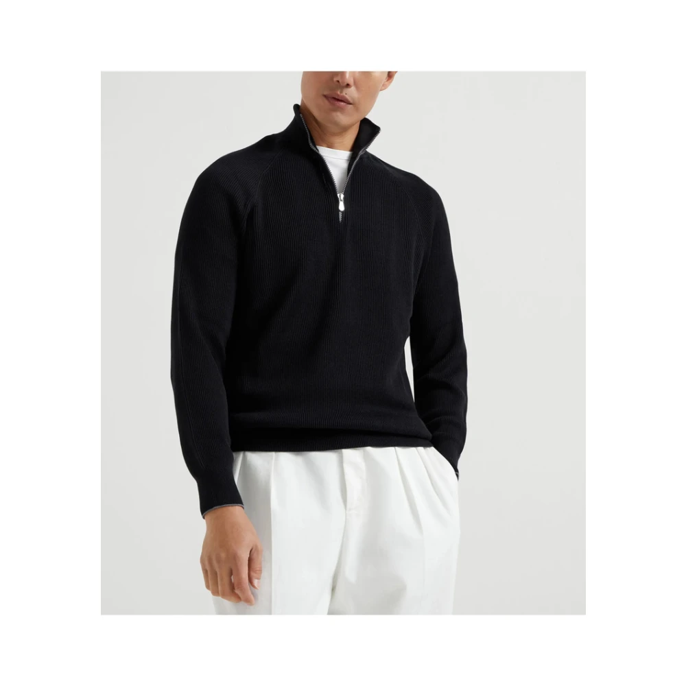 BRUNELLO CUCINELLI Zwarte Rits Hoge Hals Trui Black Heren