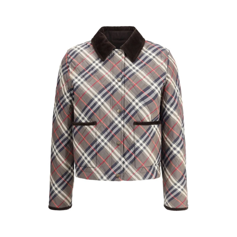 Burberry Women's Brown Light Jackets, Xs, Check Quilted Jacket With Corduroy Collar
