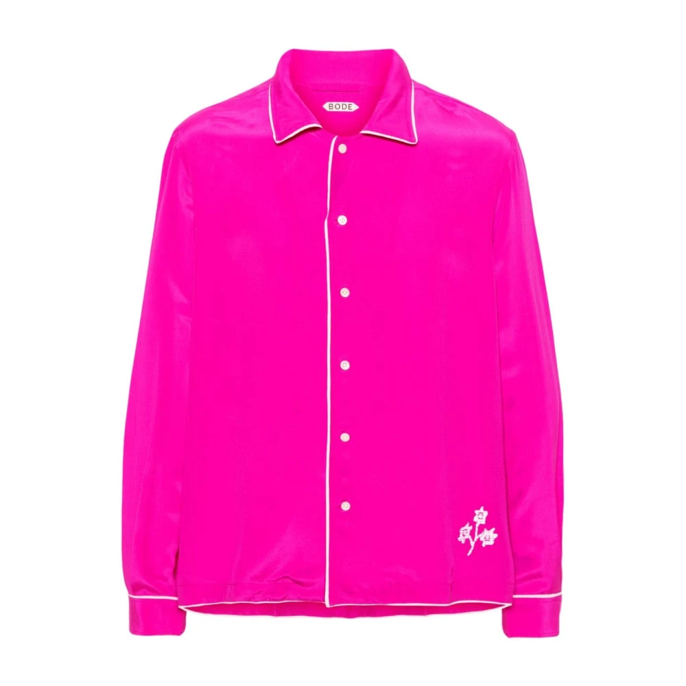 Bode Fuchsia Zijden Bloemen Geborduurd Overhemd Pink Heren