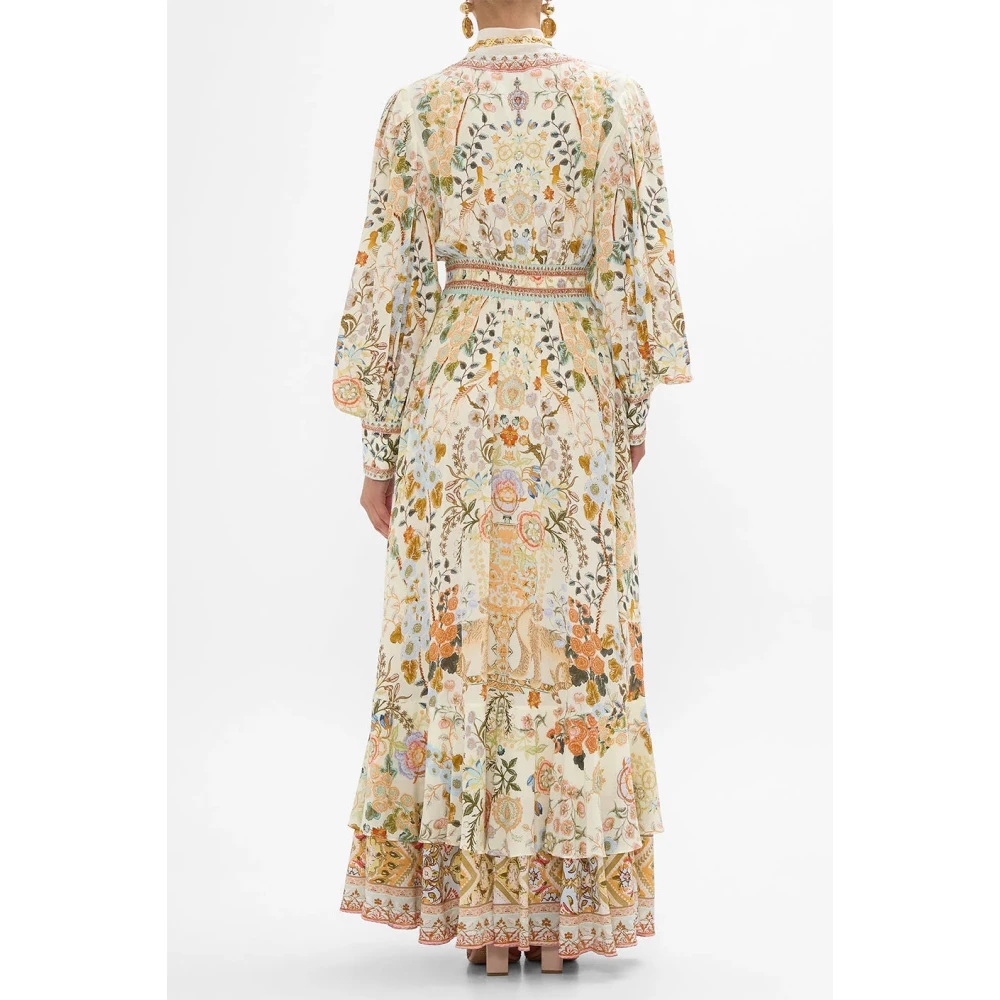 Camilla Zijden Jurk met Lotusbloem Motieven Beige Dames