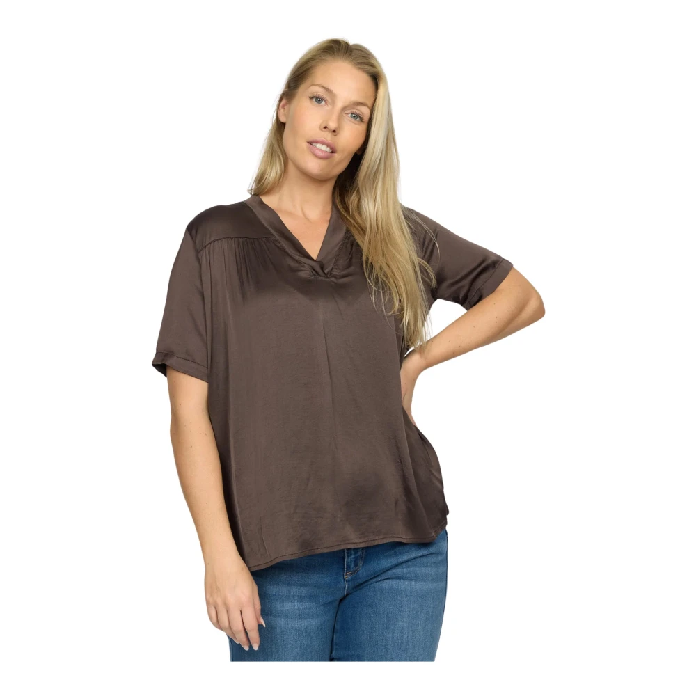 2-Biz Bruine Blouse met Ruchedetails Brown Dames