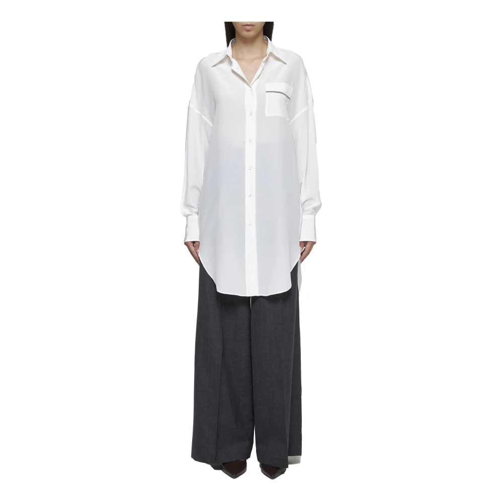 BRUNELLO CUCINELLI Natuurlijke Zijden Lange Blouse Puntkraag White Dames