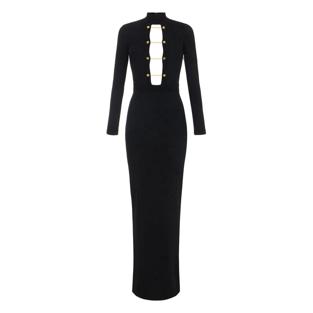 Elisabetta Franchi Black Knitted Dresses, Female, S, Viscose Knit Dress With Jewel Cufflinks