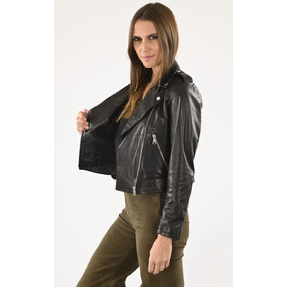 La Canadienne Korte zwarte leren bikerjas Black Dames