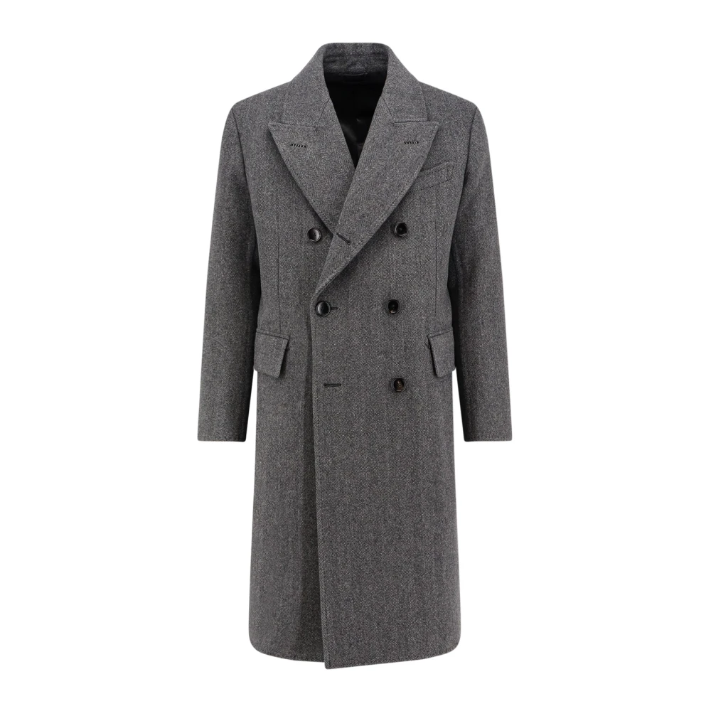 Tom Ford Gray Double-Breasted Coats, Male, Xl, Wool Button Coat With Pockets
