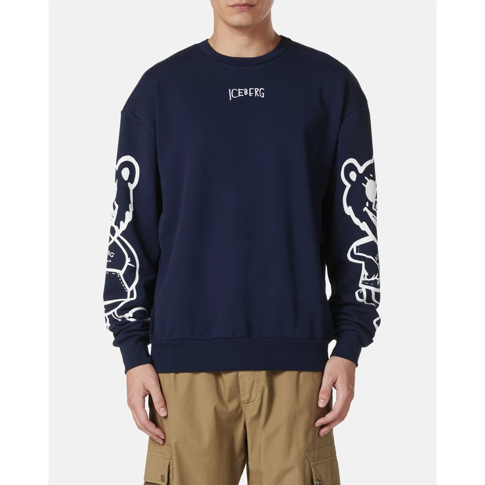 Iceberg Regular fit blauwe crewneck sweatshirt met beerprint en logoborduursel Blue Heren