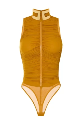 Sleeveless Draped Bodysuit with Jewel Collar