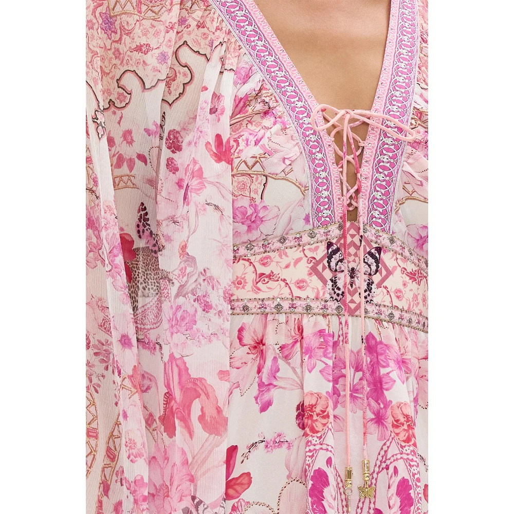 Camilla Botanische Novelle Lace Up Korte Jurk Pink Dames