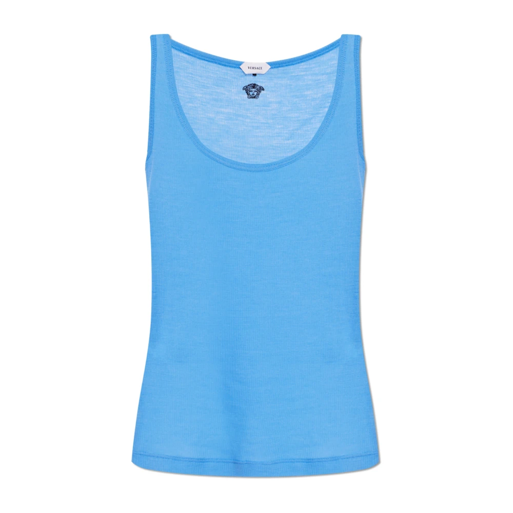 Versace Top De Tirantes De Lana Acanalada Bordado Tops Mujer Azul M