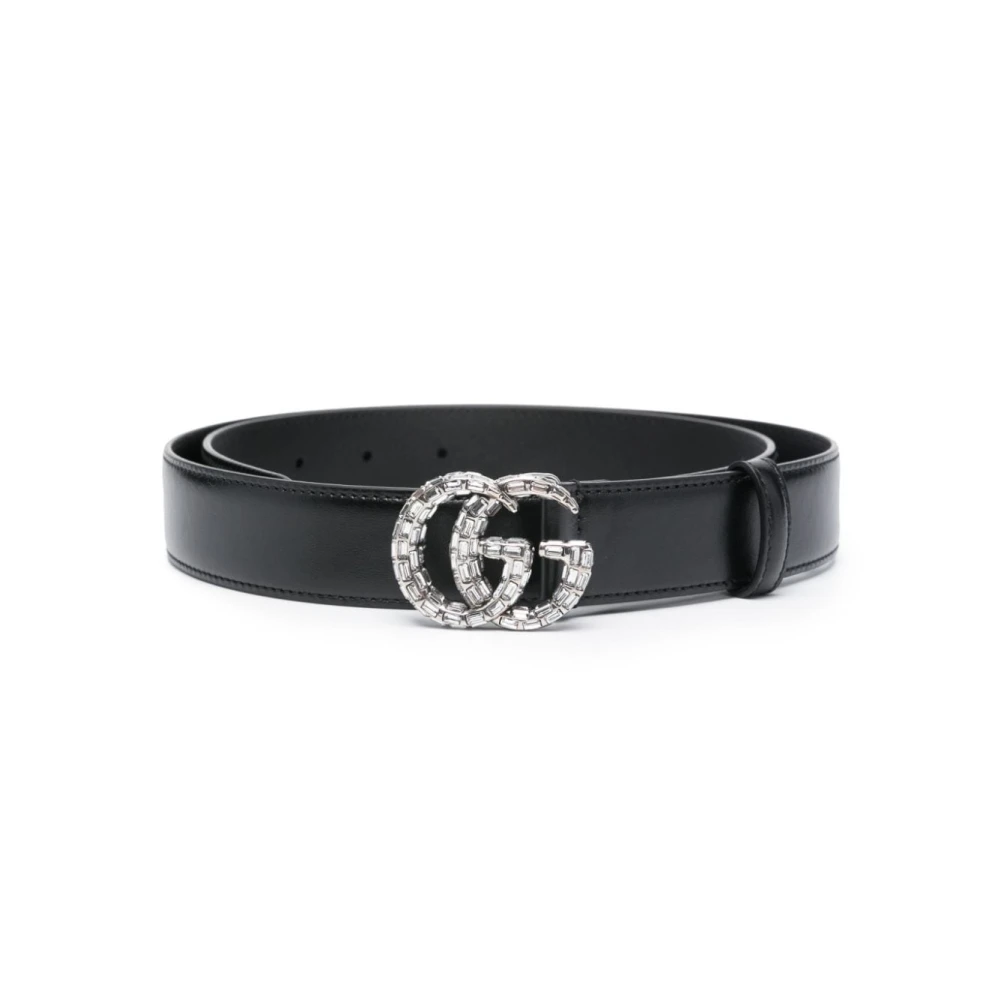 Gucci Kristal Dubbele G Zwarte Leren Riem Black Dames