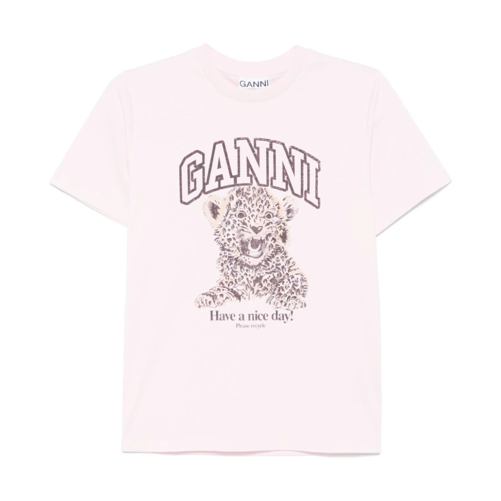 Ganni Leopard Logo Pink T-shirt Pink Dames