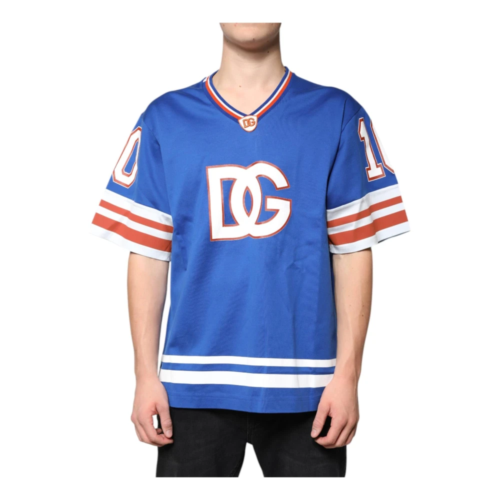 Dolce & Gabbana Blauw V-hals Logo T-shirt Blue Heren