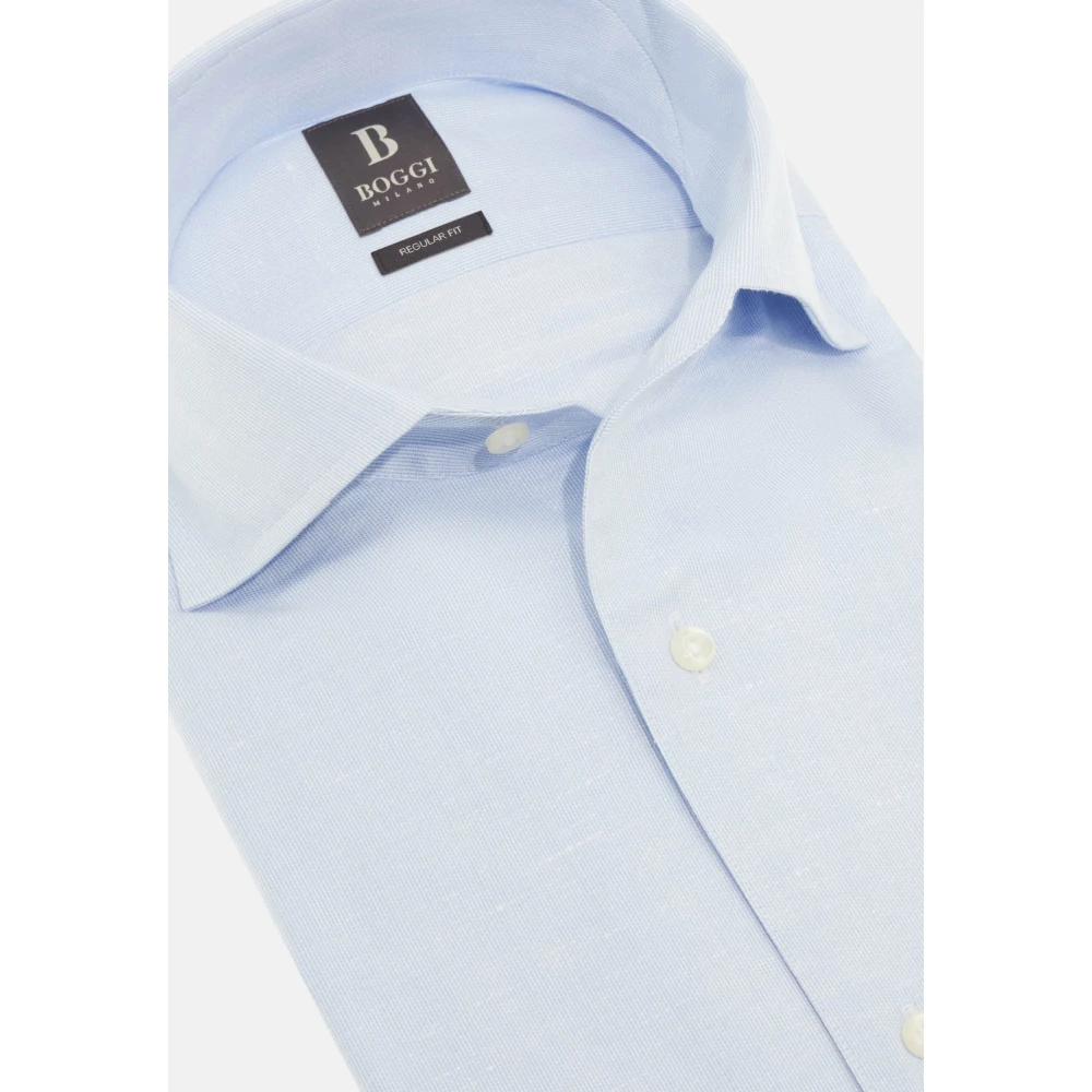 Boggi Milano Regular Fit Gestreept Katoenen en Linnen Overhemd Blue Heren