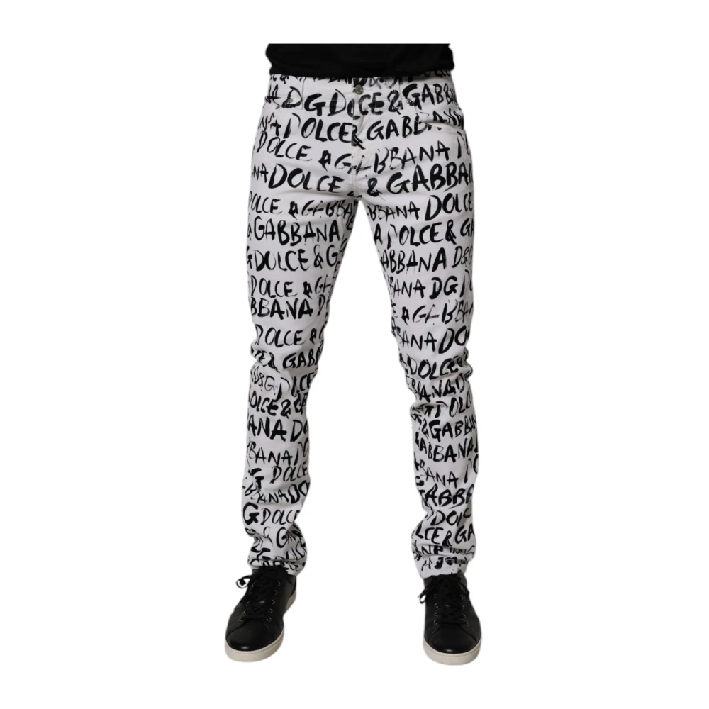 Dolce & Gabbana Herren Weiß Logo-Print Skinny Denim Jeans