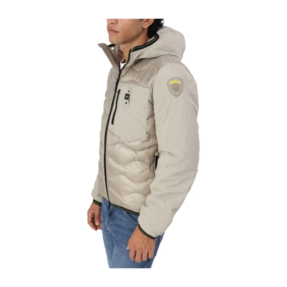 Blauer Nylon gewatteerde jas met capuchon Beige Heren