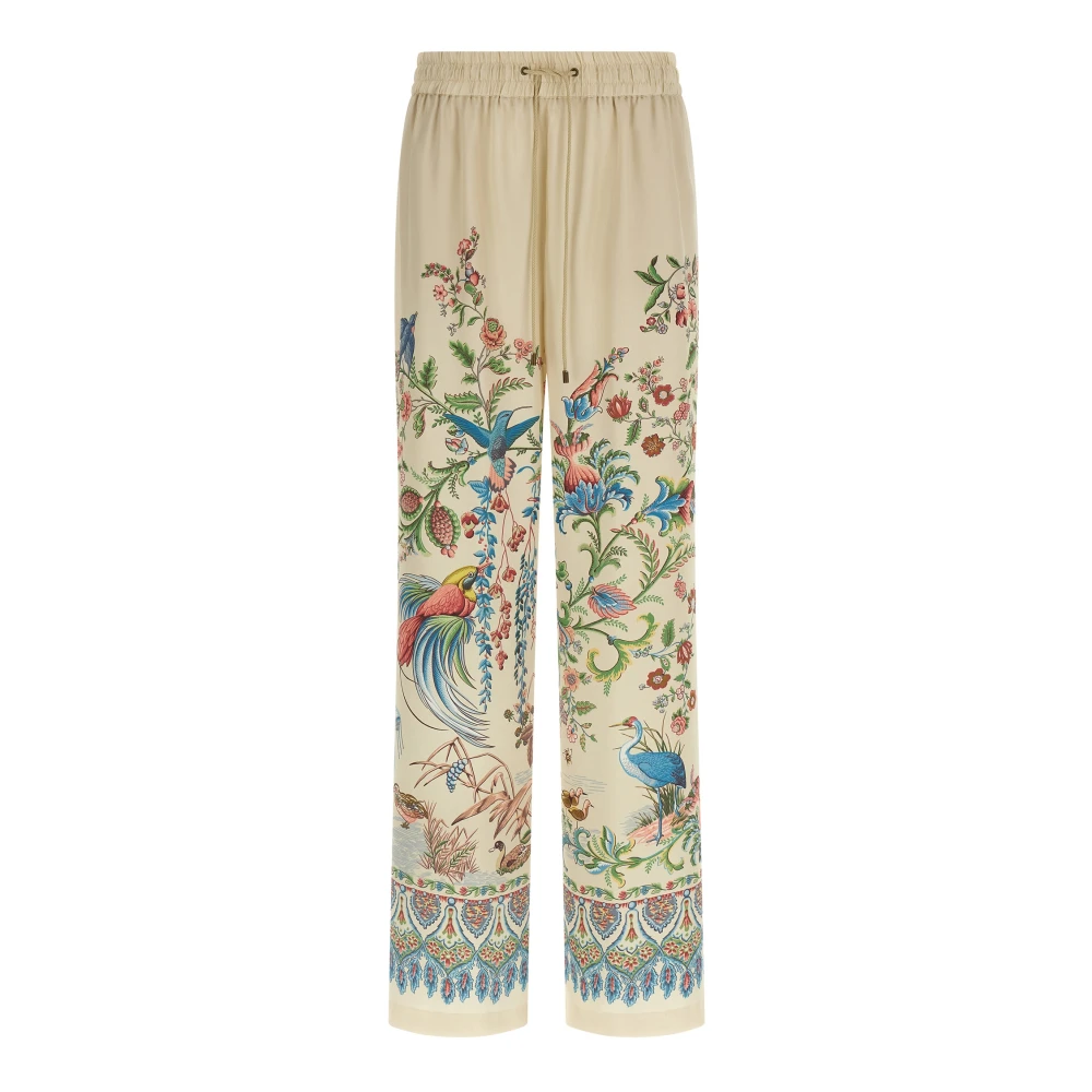 Etro Women's Beige Wide Trousers, S, Wide-Leg Trousers With Placed Flora And Fauna Print