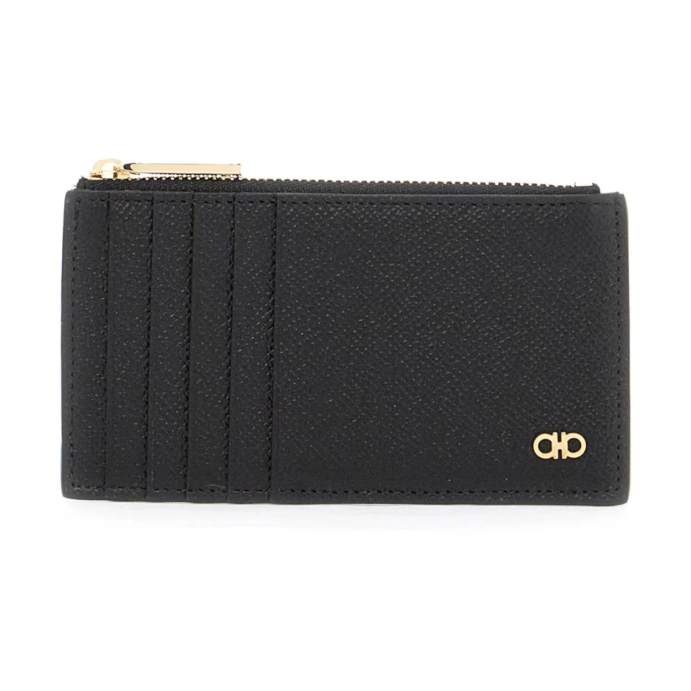 Ferragamo Men's Black Wallets & Cardholders, One Size, Hammered Leather Card Holder With Gancini Detail