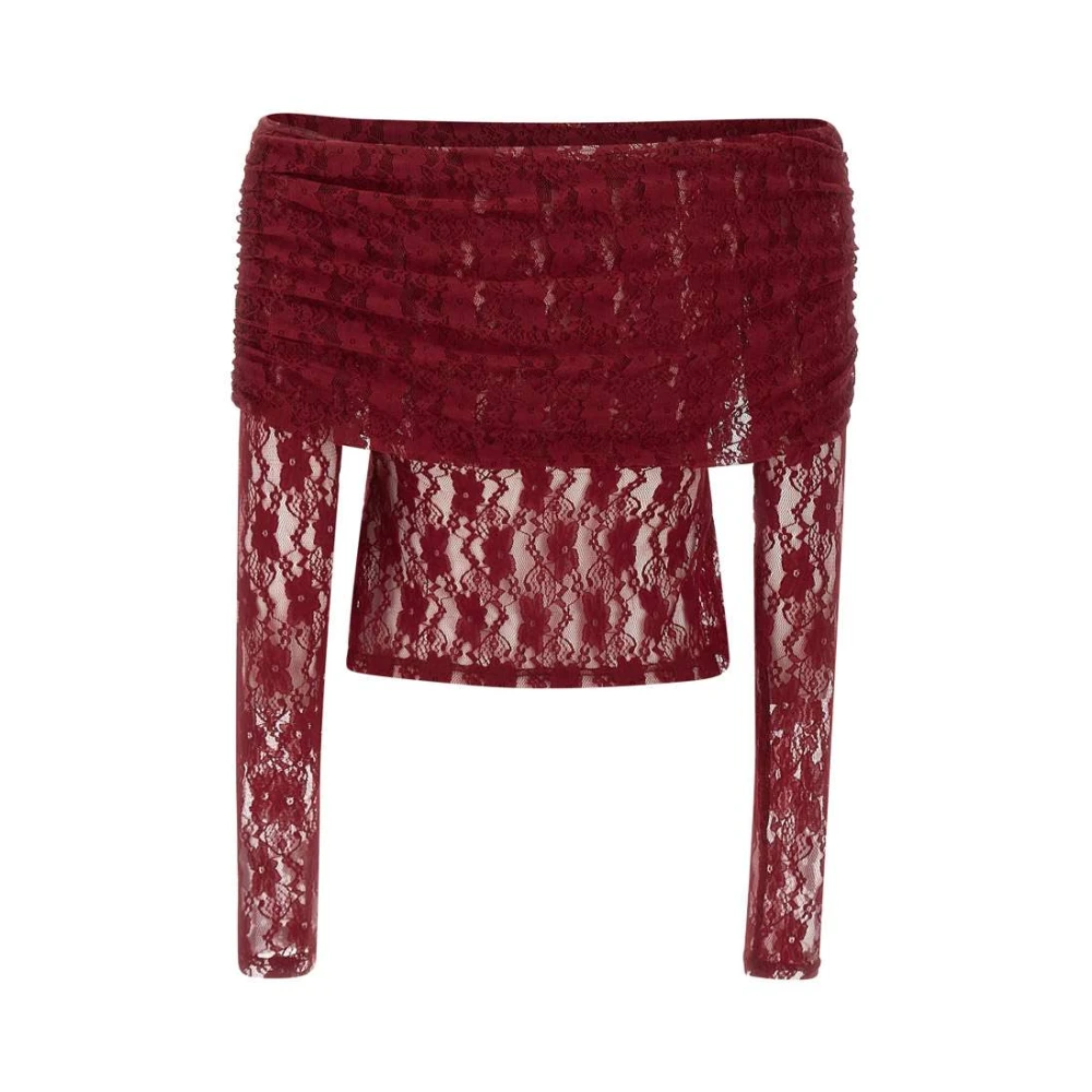Rotate Birger Christensen Bordeaux Kleuren Top met Kant en Blote Schouders Red Dames