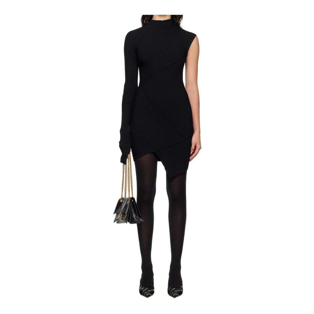 Balenciaga Spiral Mini Jurk Hoge Hals Geribbeld Black Dames