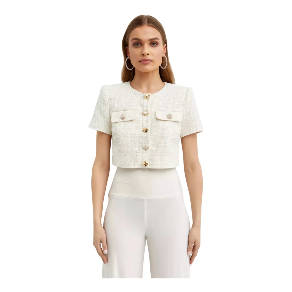 Self Portrait Beige Tweed Kortemouw Jas White Dames