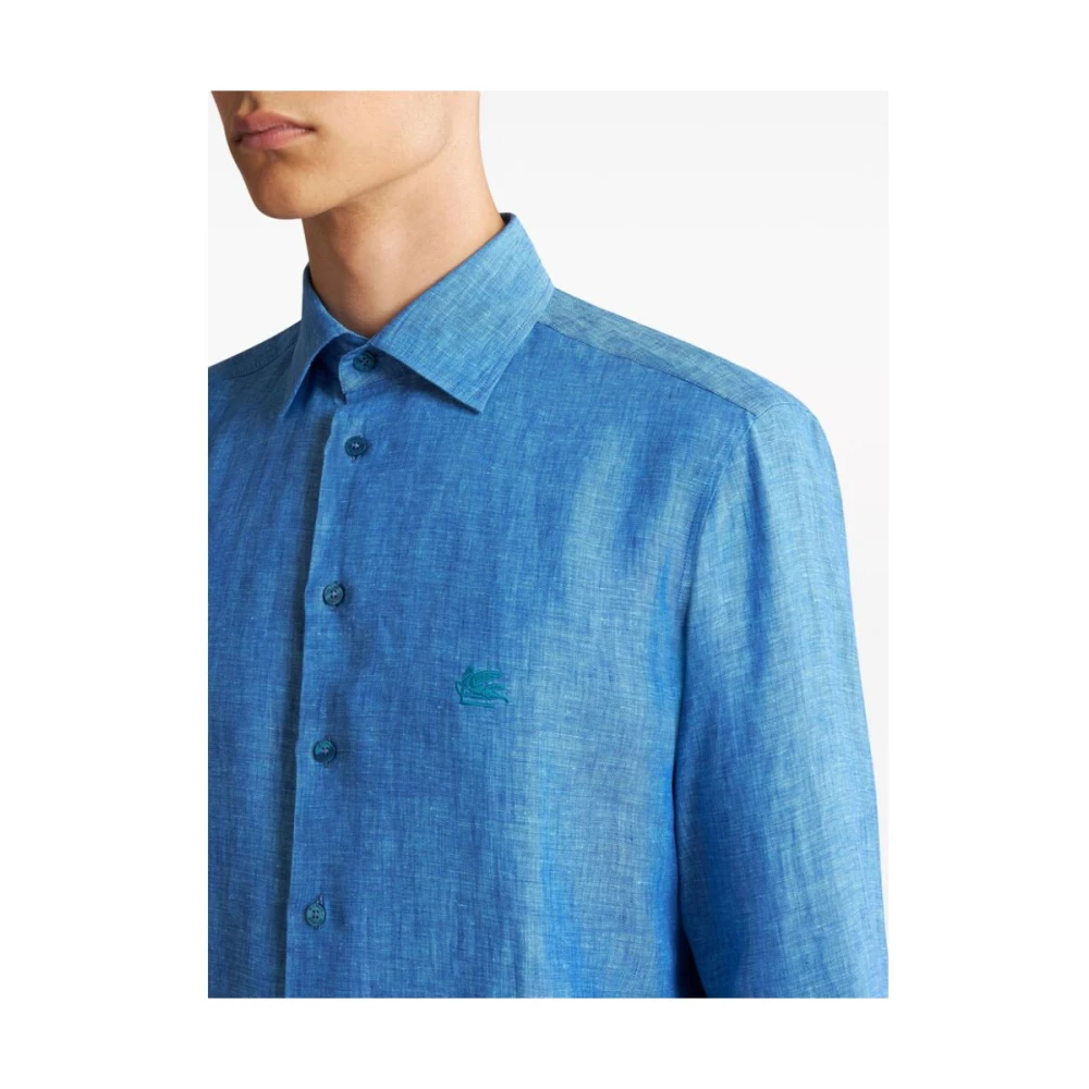 ETRO Blauw Linnen Overhemd met Pegaso Motief Blue Heren