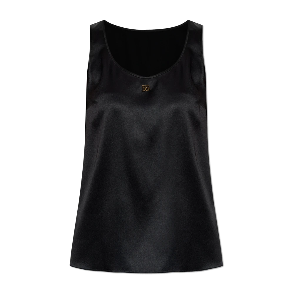 Dolce & Gabbana Vrouw Zwart Tops Dames, L, Tweed, Zijden Top Met Logo-Vormige Applicatie