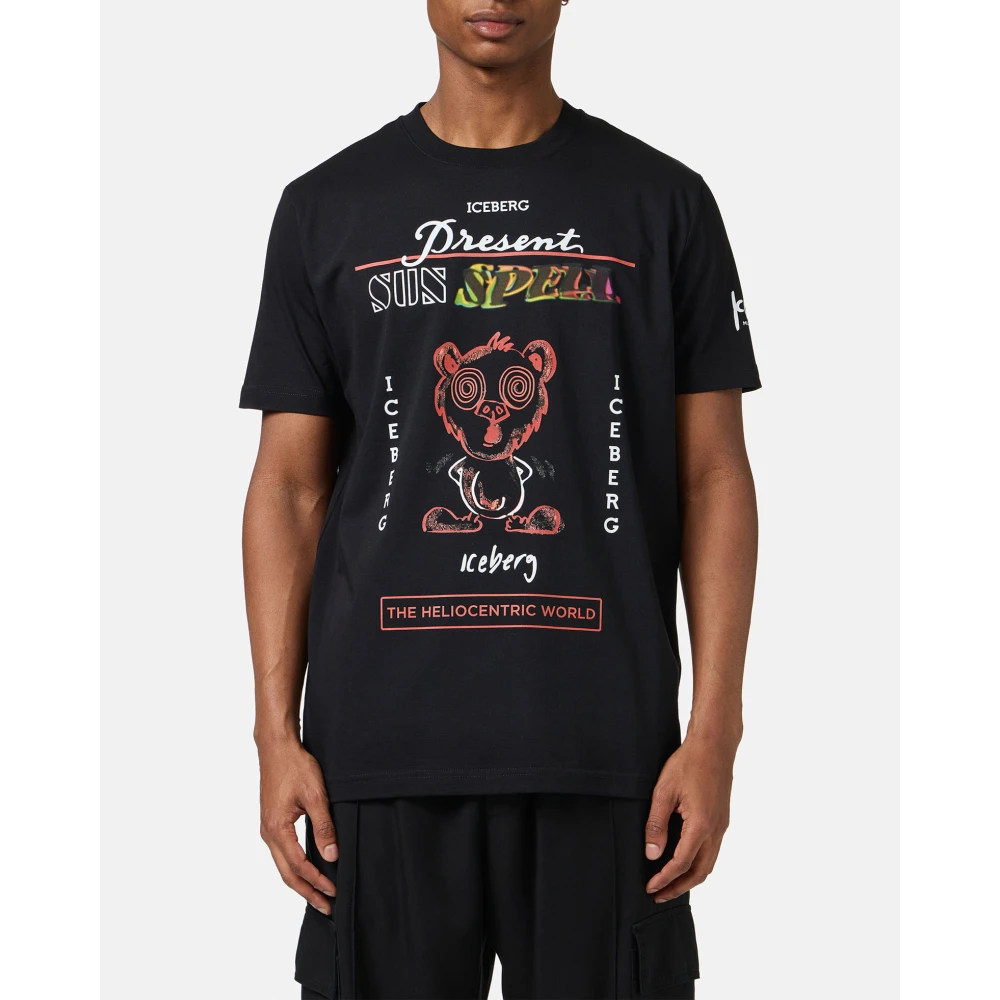 Iceberg Zwarte regular fit katoenen T-shirt met maxi multicolor Bear print Black Heren
