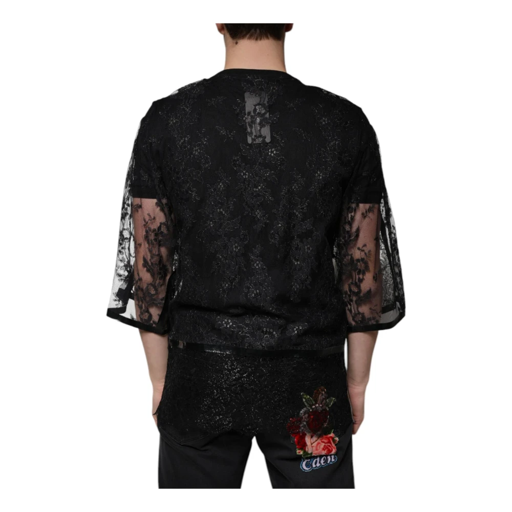 Dolce & Gabbana Zwarte Kant Crew Neck T-shirt met Logo Black Heren