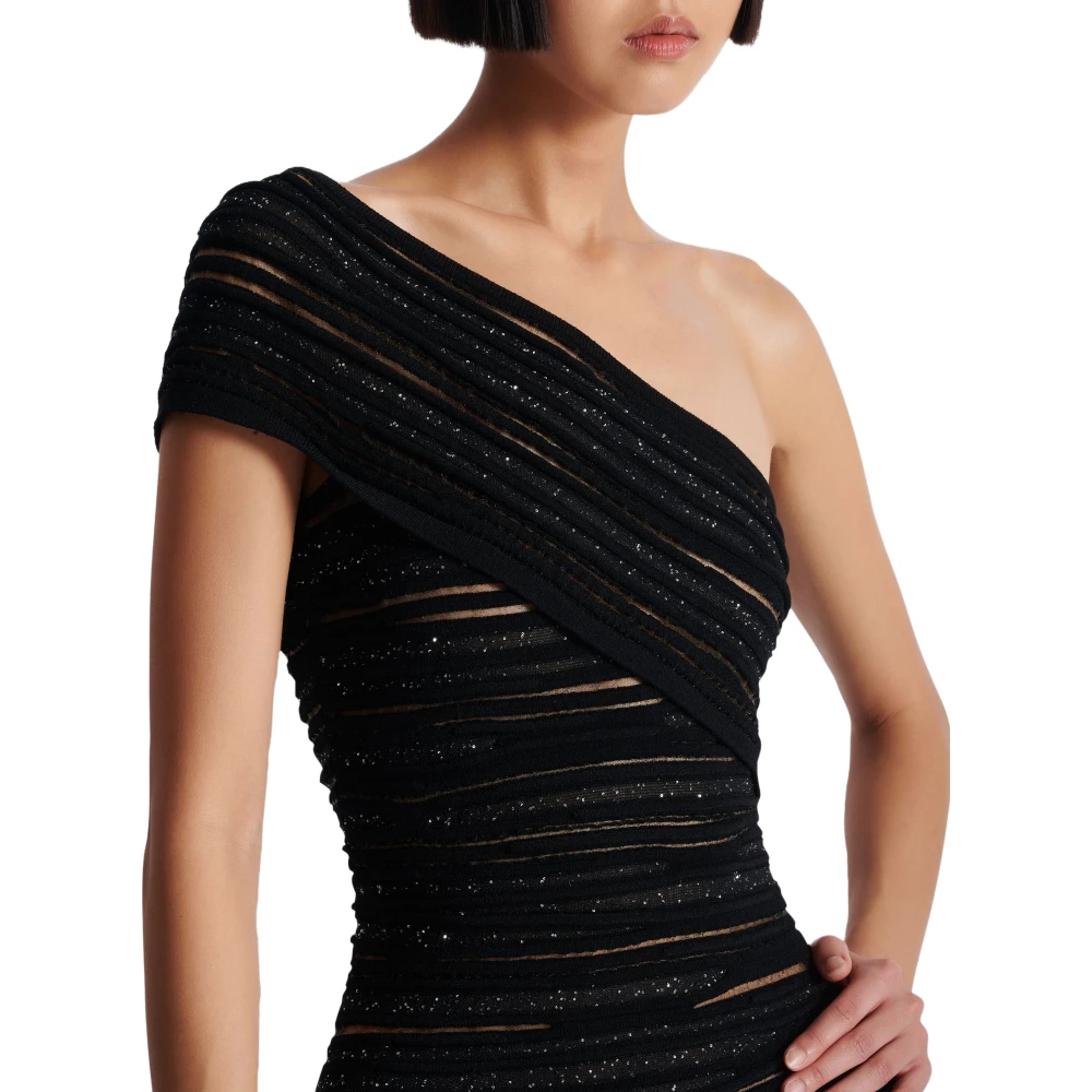 Balmain Asymmetrische jurk in glanzend gerold breisel Black Dames
