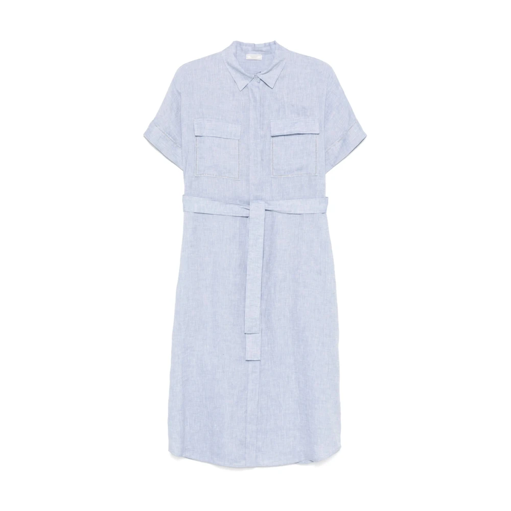 PESERICO Pastelblauwe Jurk met Knoopsluiting en Elastische Tailleband Blue Dames