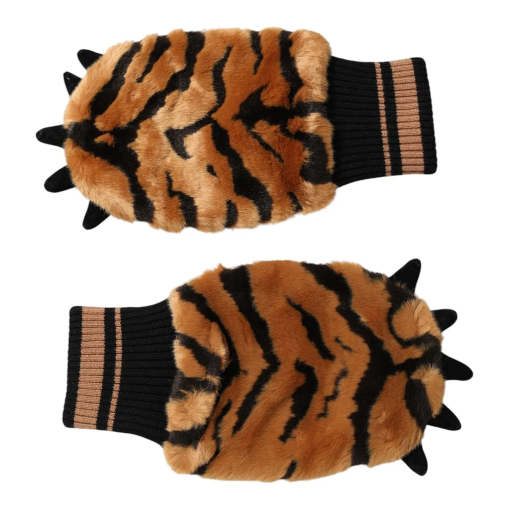 Dolce & Gabbana Women's Brown Tiger Knitted Fur Wrist Mitten Gloves