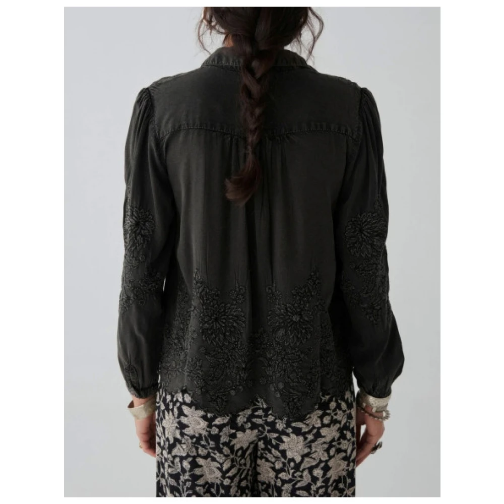 Maison Hotel Bloemen Geborduurd Overhemd Vintage Moderne Stijl Black Dames