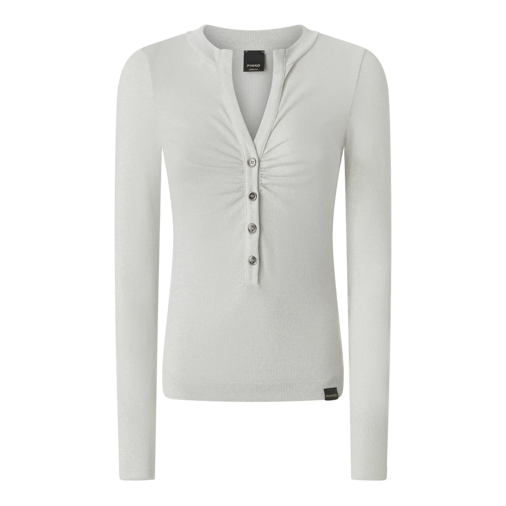 Pinko Metallic Geribbelde Lange Mouw Henley Trui Gray Dames