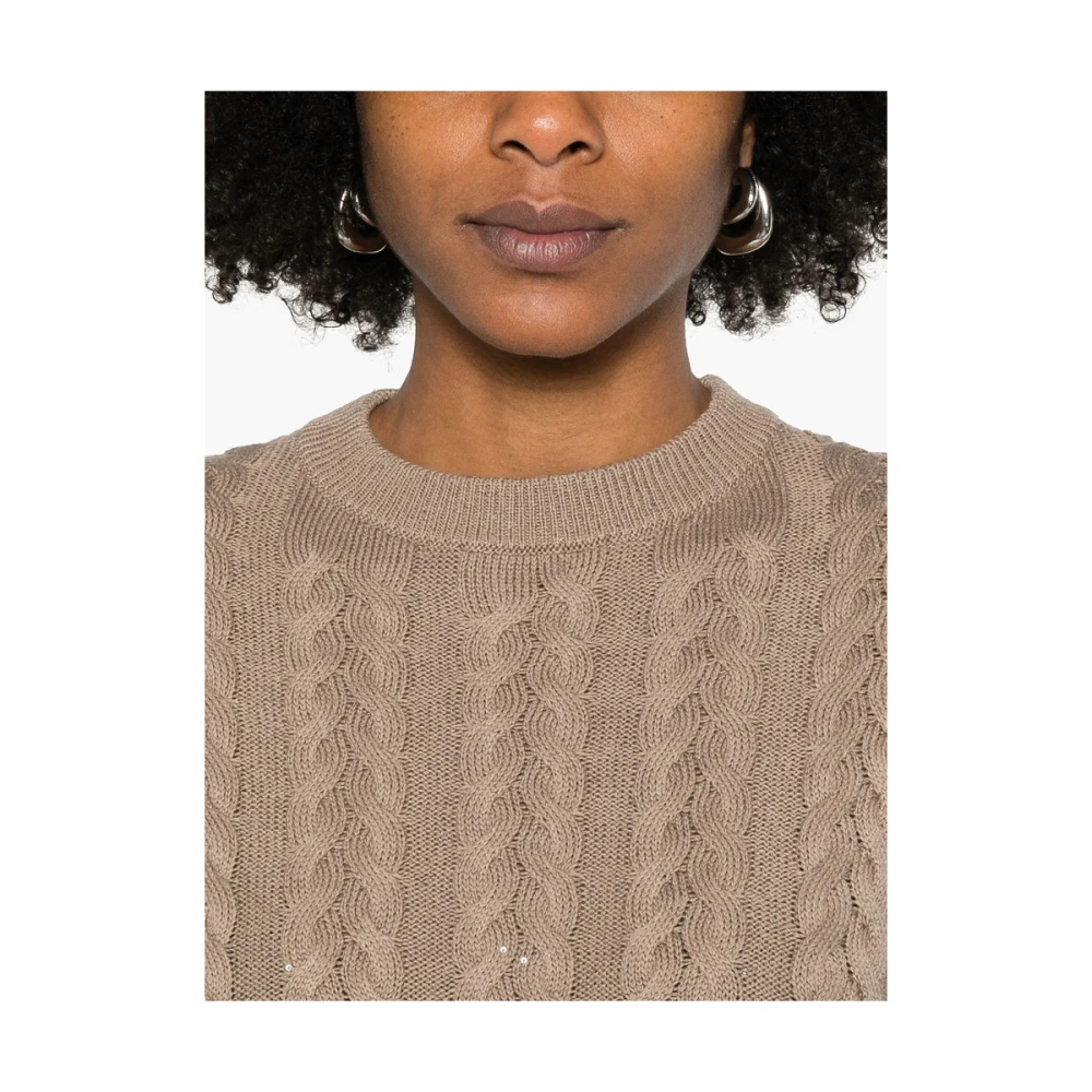 BRUNELLO CUCINELLI Taupe Bruin Paillet Crew Neck Sweater Brown Dames